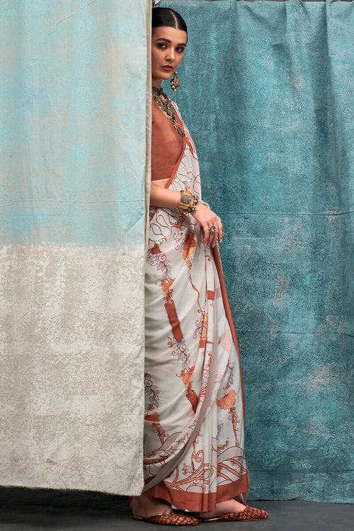 Load image into Gallery viewer, Amazing Off White Digital Printed Crape Silk Saree With Dazzling Blouse Piece
