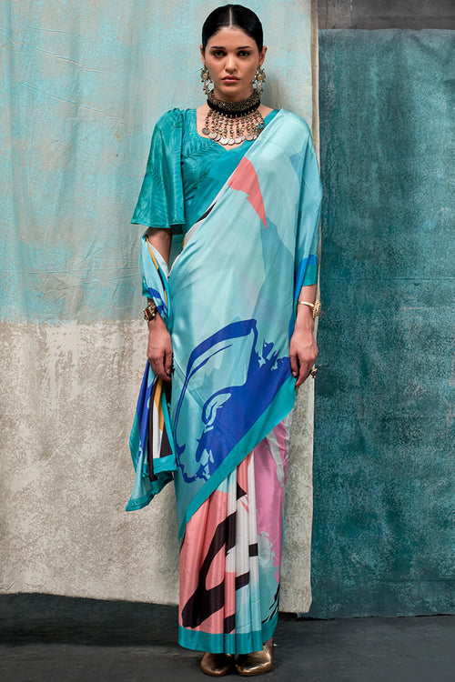 Load image into Gallery viewer, Desiring Sky Digital Printed Crape Silk Saree With Twirling Blouse Piece
