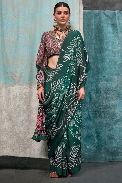 Load image into Gallery viewer, Enticing Dark Green Digital Printed Crape Silk Saree With Diaphanous Blouse Piece
