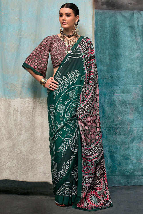 Load image into Gallery viewer, Enticing Dark Green Digital Printed Crape Silk Saree With Diaphanous Blouse Piece
