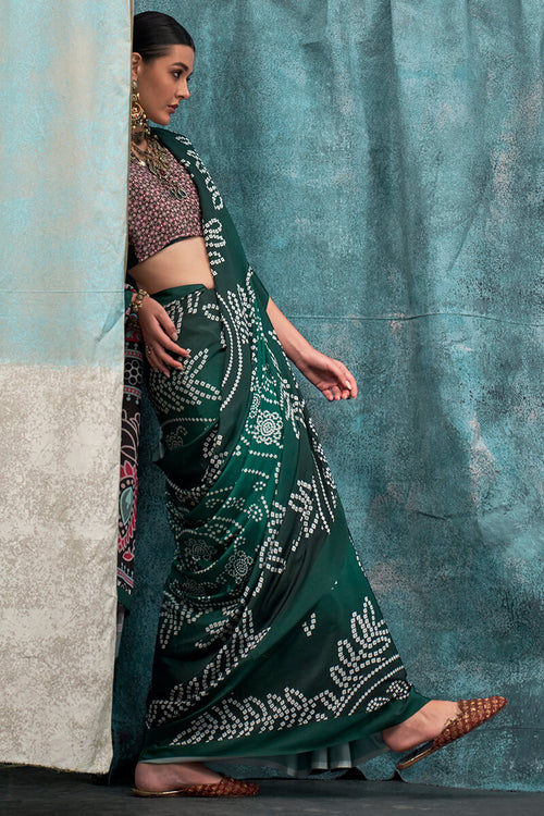 Load image into Gallery viewer, Enticing Dark Green Digital Printed Crape Silk Saree With Diaphanous Blouse Piece
