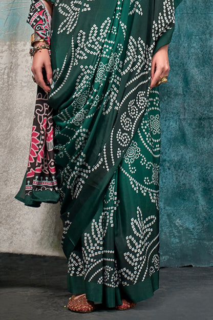 Enticing Dark Green Digital Printed Crape Silk Saree With Diaphanous Blouse Piece