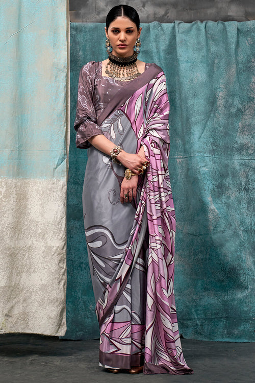 Load image into Gallery viewer, Murmurous Grey and Pink Digital Printed Crape Silk Saree With Confounding Blouse Piece
