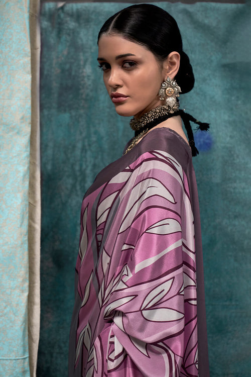 Load image into Gallery viewer, Murmurous Grey and Pink Digital Printed Crape Silk Saree With Confounding Blouse Piece
