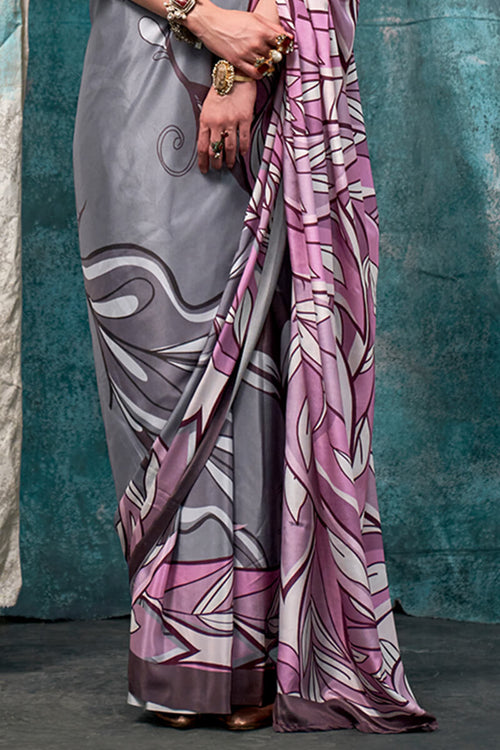 Load image into Gallery viewer, Murmurous Grey and Pink Digital Printed Crape Silk Saree With Confounding Blouse Piece
