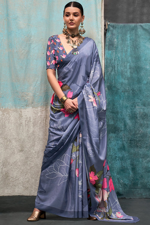 Load image into Gallery viewer, Fragrant Grey Digital Printed Crape Silk Saree With Glittering Blouse Piece
