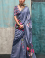 Fragrant Grey Digital Printed Crape Silk Saree With Glittering Blouse Piece