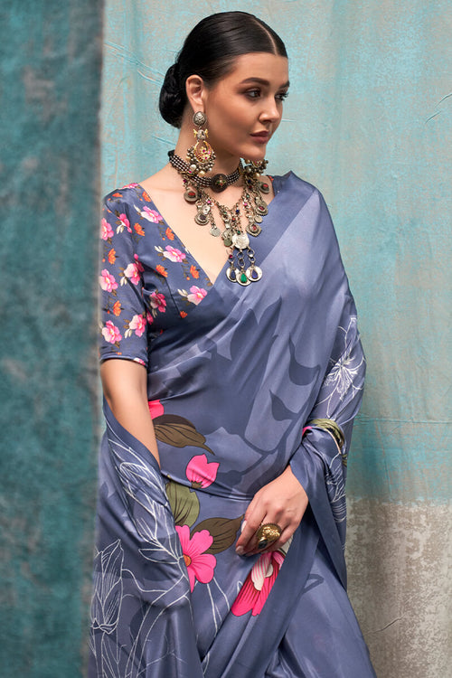 Load image into Gallery viewer, Fragrant Grey Digital Printed Crape Silk Saree With Glittering Blouse Piece
