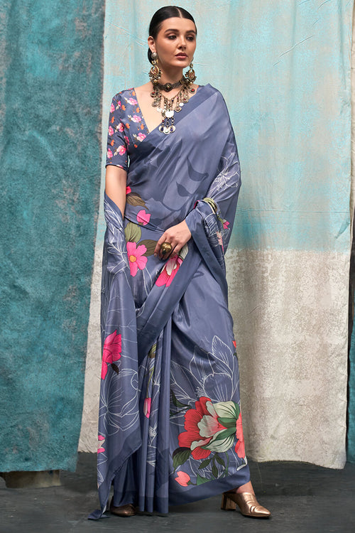 Load image into Gallery viewer, Fragrant Grey Digital Printed Crape Silk Saree With Glittering Blouse Piece
