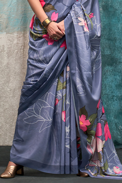 Load image into Gallery viewer, Fragrant Grey Digital Printed Crape Silk Saree With Glittering Blouse Piece
