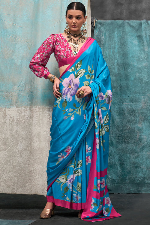 Load image into Gallery viewer, Enthralling Firozi Digital Printed Crape Silk Saree With Allure Blouse Piece
