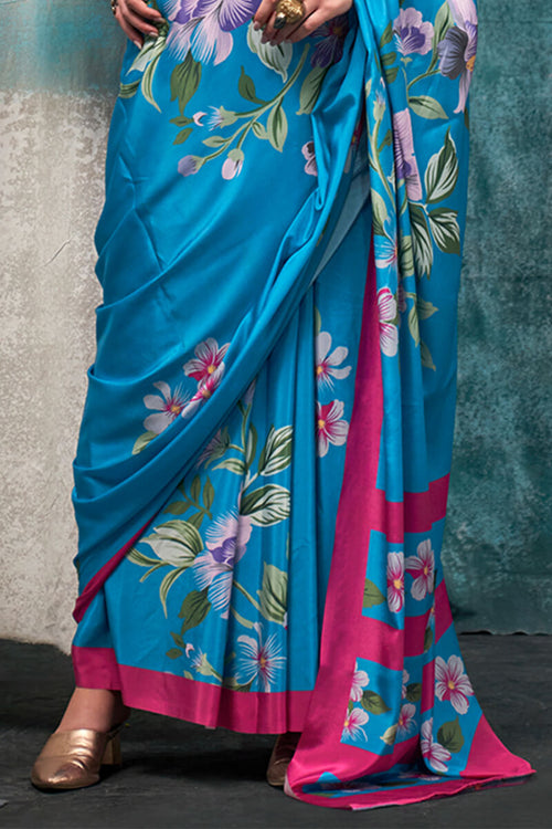 Load image into Gallery viewer, Enthralling Firozi Digital Printed Crape Silk Saree With Allure Blouse Piece
