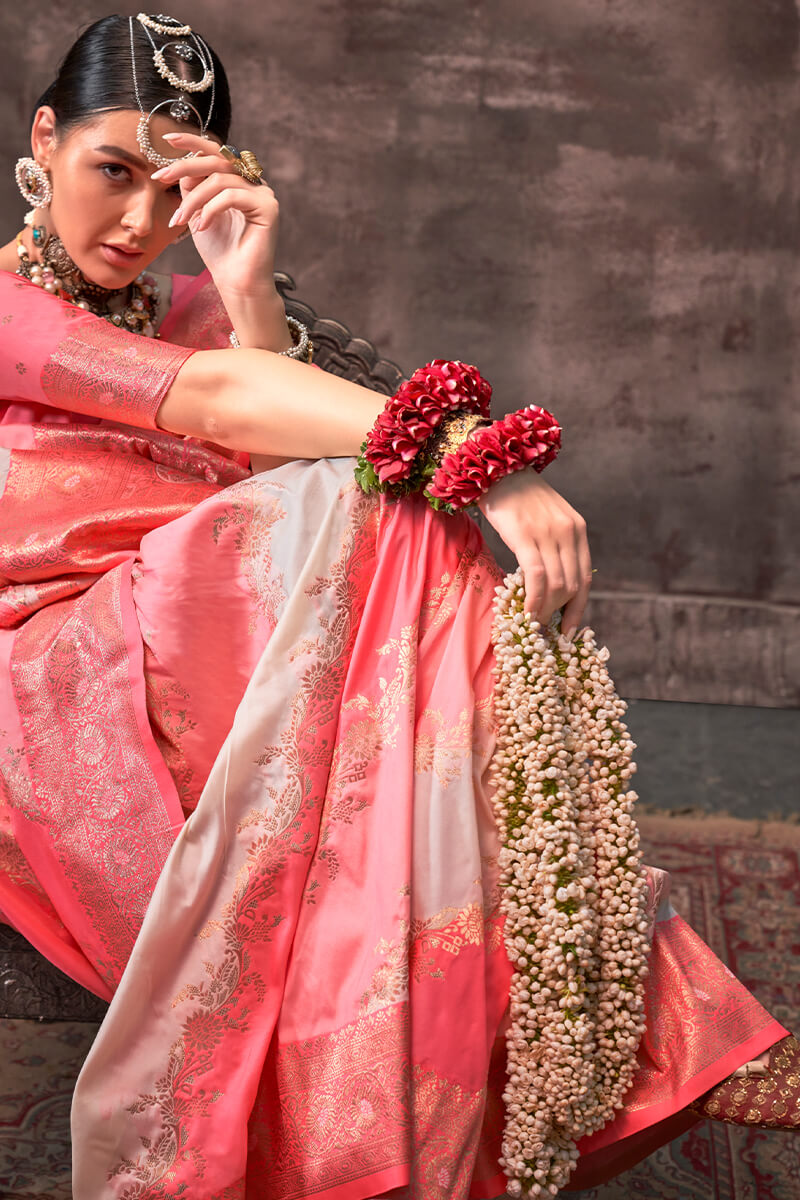 Ideal Baby Pink Soft Banarasi Silk Saree With Exuberant Blouse Piece