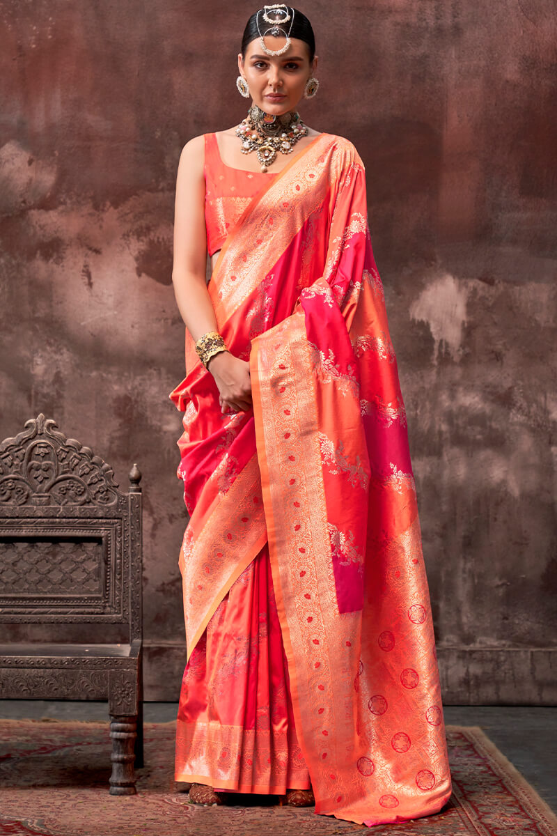 Lassitude Orange Soft Banarasi Silk Saree With Nemesis Blouse Piece