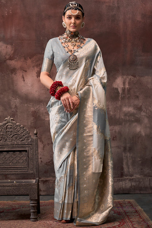 Load image into Gallery viewer, Delectable Grey Soft Banarasi Silk Saree With Tempting Blouse Piece
