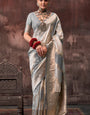 Delectable Grey Soft Banarasi Silk Saree With Tempting Blouse Piece