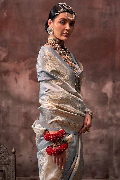 Load image into Gallery viewer, Delectable Grey Soft Banarasi Silk Saree With Tempting Blouse Piece
