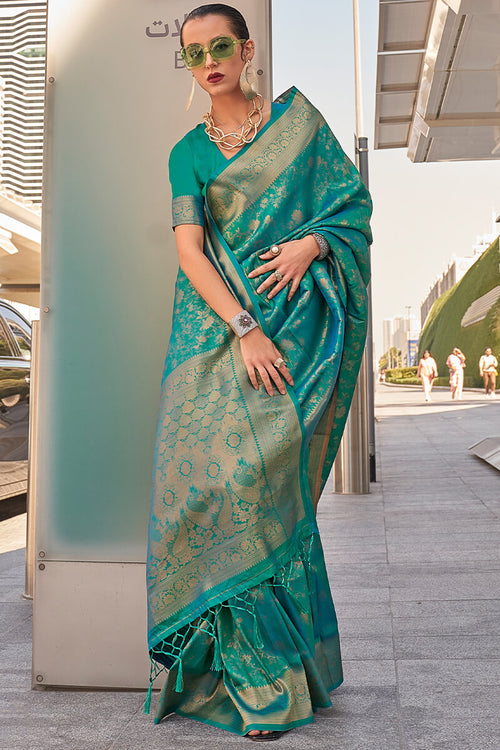 Load image into Gallery viewer, Redolent Rama Kanjivaram Silk Saree With Serendipity Blouse Piece
