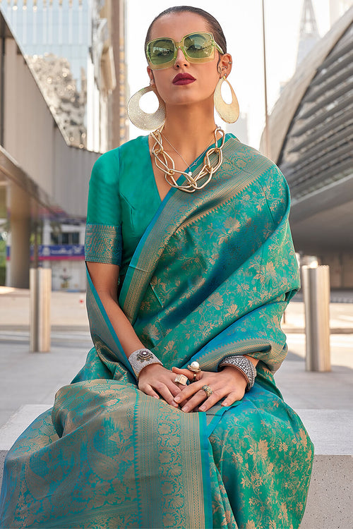 Load image into Gallery viewer, Redolent Rama Kanjivaram Silk Saree With Serendipity Blouse Piece
