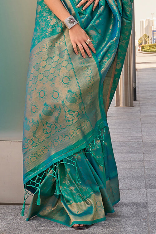 Load image into Gallery viewer, Redolent Rama Kanjivaram Silk Saree With Serendipity Blouse Piece
