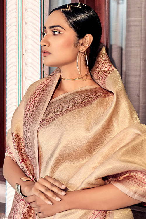 Load image into Gallery viewer, Lovely Beige Kanjivaram Silk Saree With Quixotic Blouse Piece
