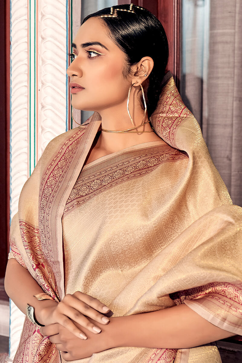 Lovely Beige Kanjivaram Silk Saree With Quixotic Blouse Piece