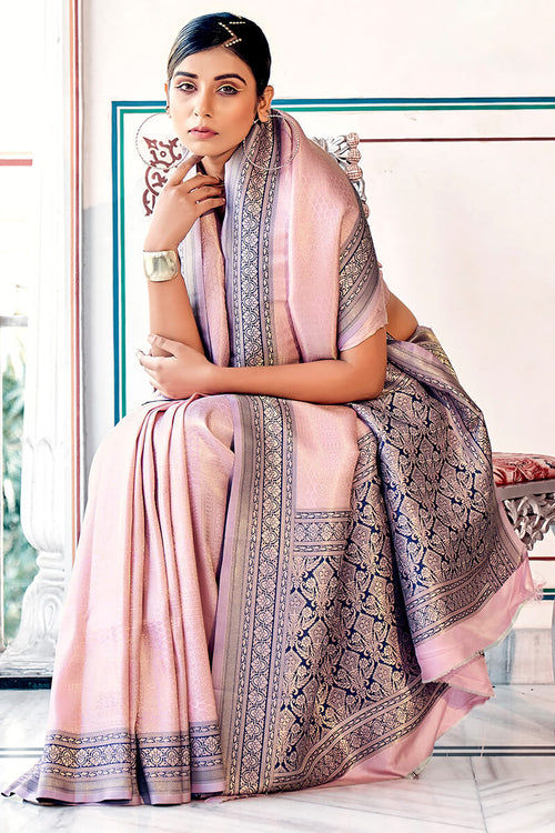 Load image into Gallery viewer, Precious Baby Pink Kanjivaram Silk Saree With Embellished Blouse Piece
