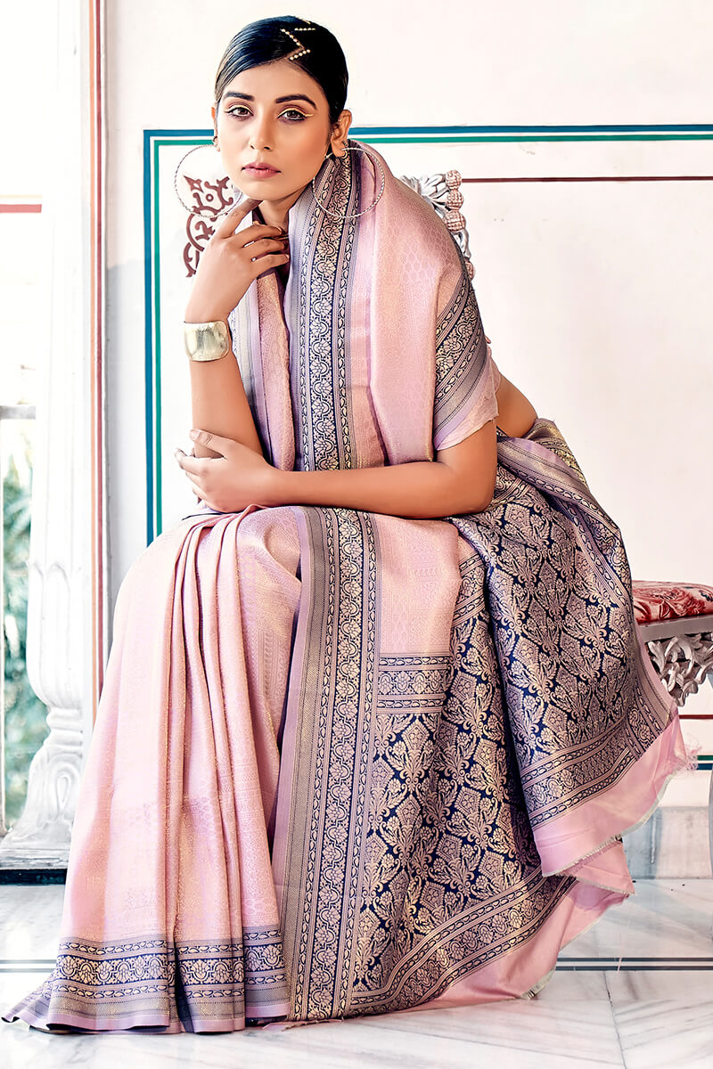 Precious Baby Pink Kanjivaram Silk Saree With Embellished Blouse Piece