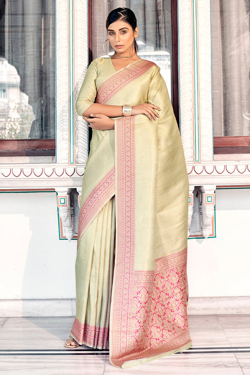 Load image into Gallery viewer, Demanding Pista Kanjivaram Silk Saree With Resonant Blouse Piece
