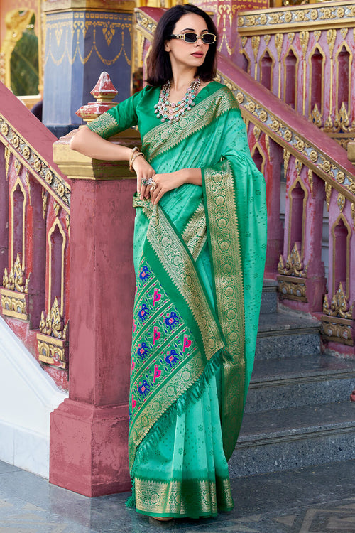 Load image into Gallery viewer, Palimpsest Turquoise Patola Silk Saree with Nemesis Blouse Piece
