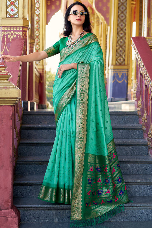 Load image into Gallery viewer, Palimpsest Turquoise Patola Silk Saree with Nemesis Blouse Piece
