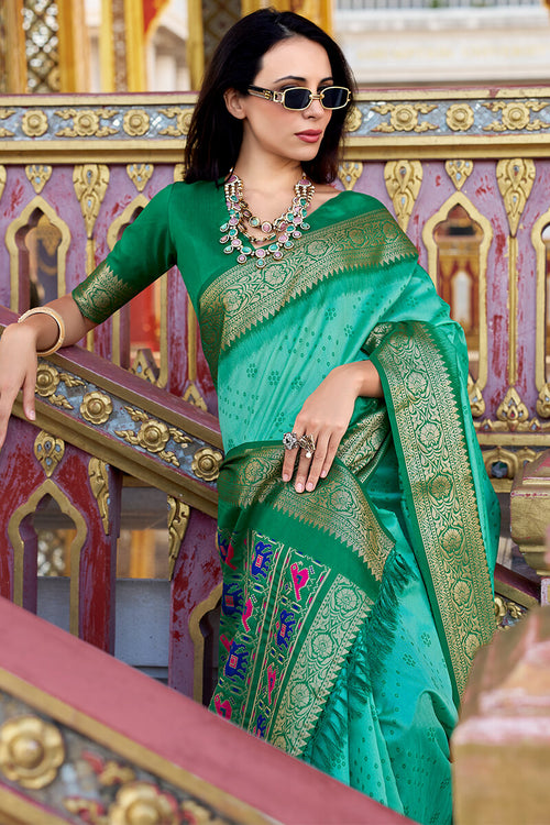 Load image into Gallery viewer, Palimpsest Turquoise Patola Silk Saree with Nemesis Blouse Piece
