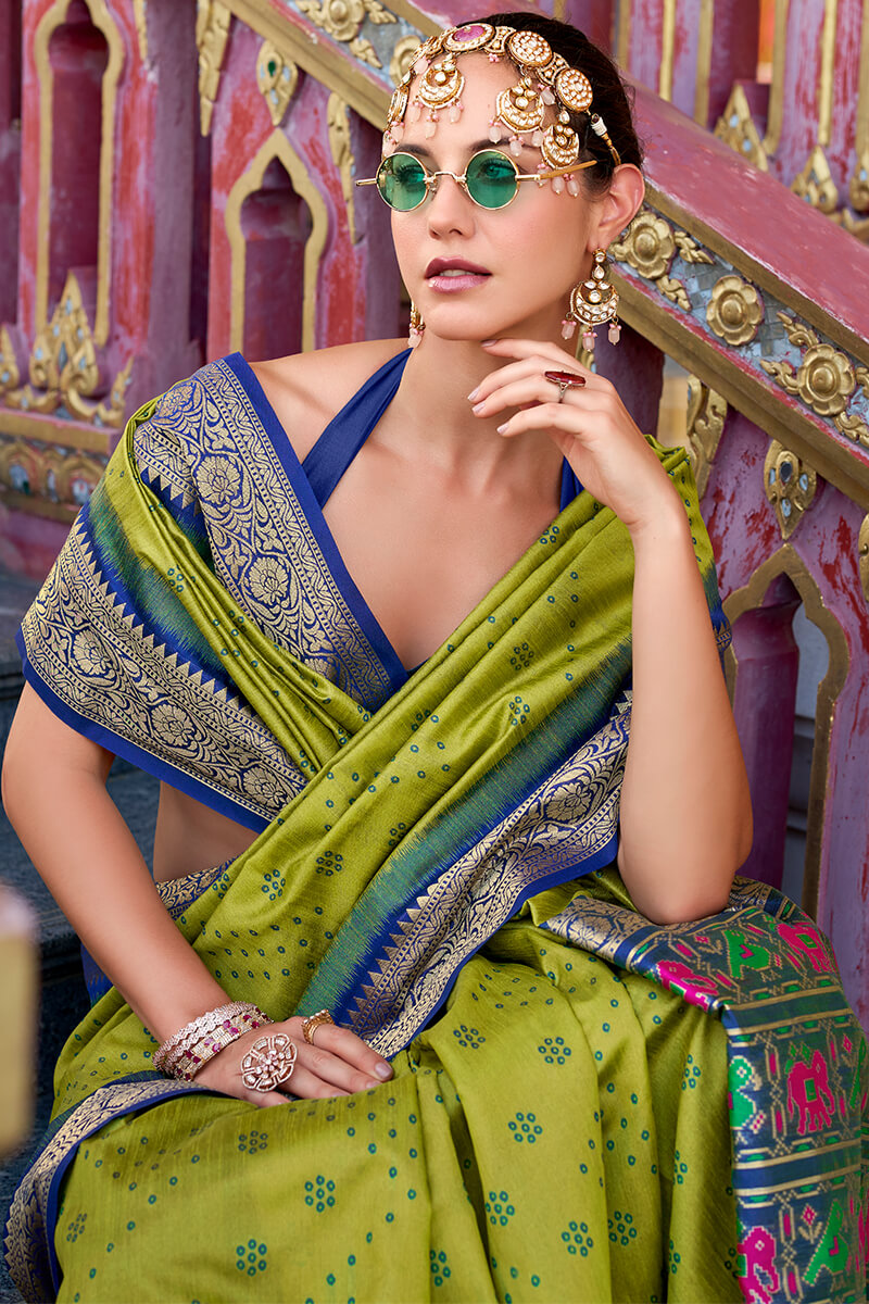 Incredible Mehndi Patola Silk Saree with Artistic Blouse Piece