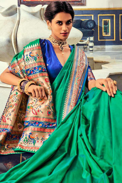 Preferable Green Paithani Silk Saree With Verdant Blouse Piece