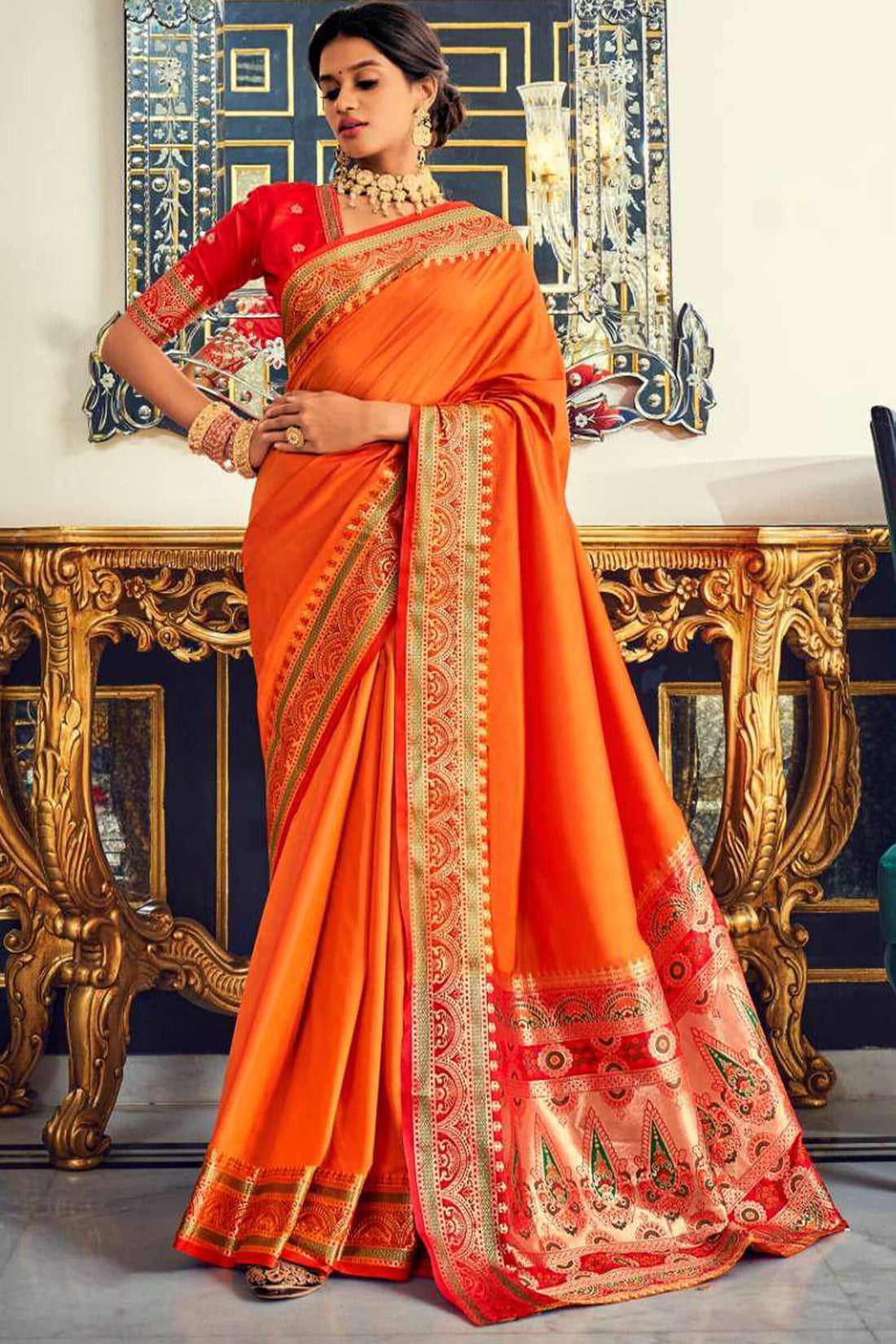 Flaunt Orange Paithani Silk Saree With Proficient Blouse Piece