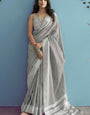 Innovative Grey Lucknowi Silk Saree With Phenomenal Blouse Piece