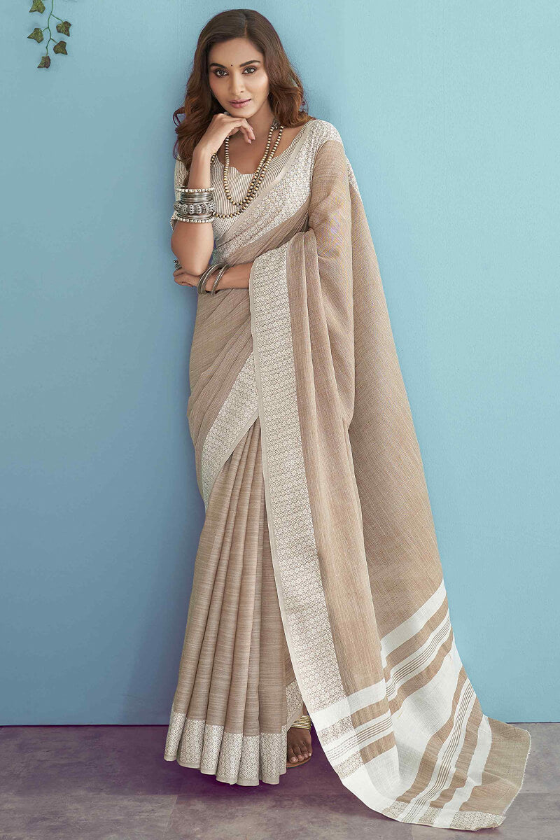 Comely Light Brown Lucknowi Silk Saree With Desultory Blouse Piece