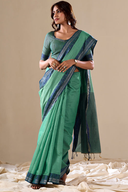 Load image into Gallery viewer, Trendy Green Cotton Silk Saree With Stunning Blouse Piece
