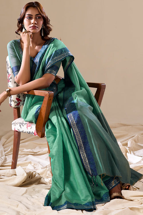 Load image into Gallery viewer, Trendy Green Cotton Silk Saree With Stunning Blouse Piece
