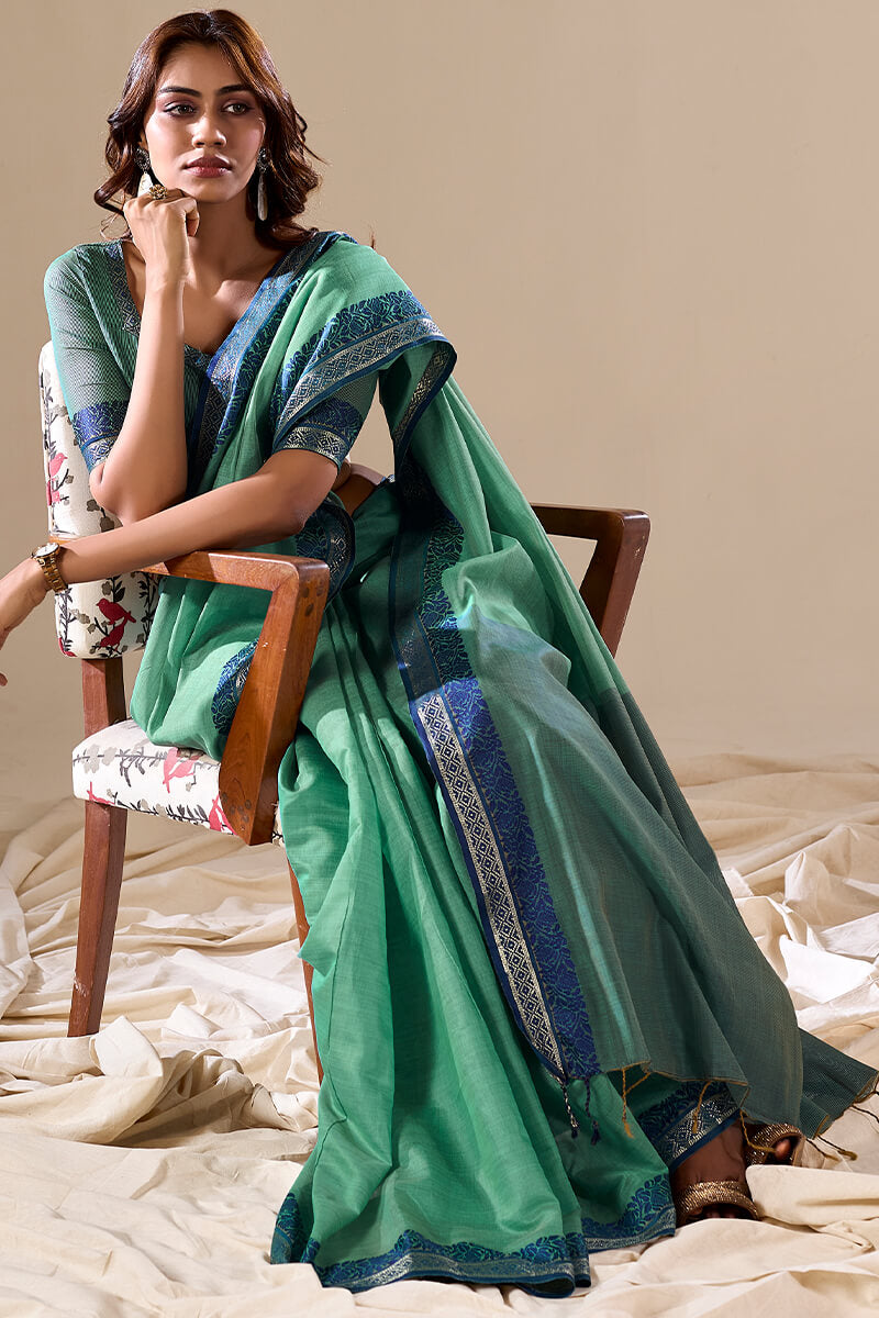 Trendy Green Cotton Silk Saree With Stunning Blouse Piece