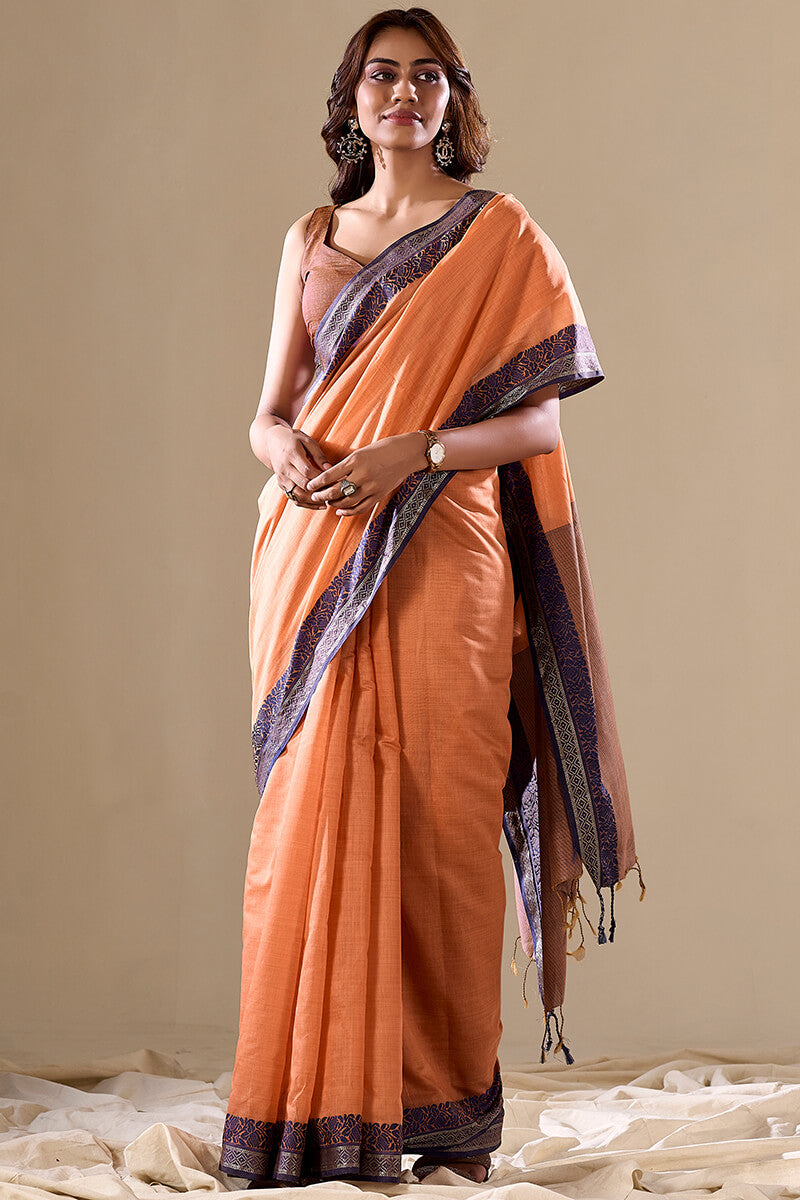 Marvellous Orange Cotton Silk Saree With Amazing Blouse Piece