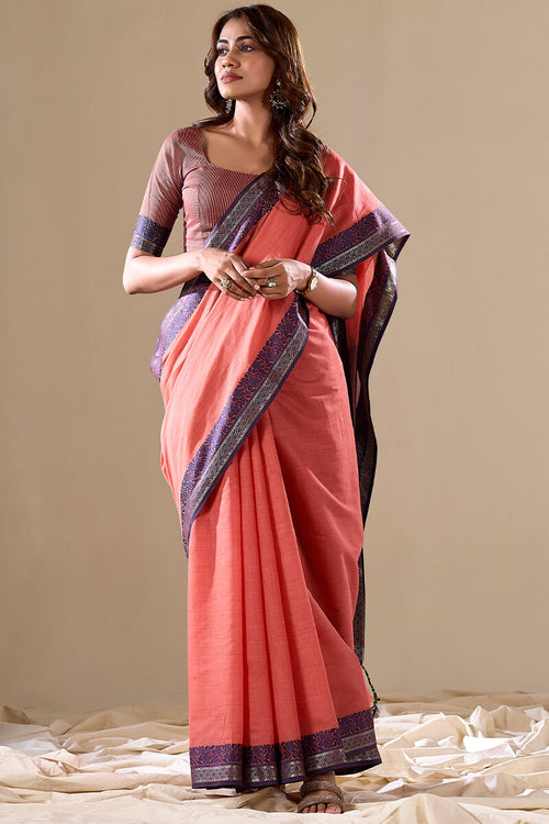 Load image into Gallery viewer, Classy Peach Cotton Silk Saree With Pretty Blouse Piece
