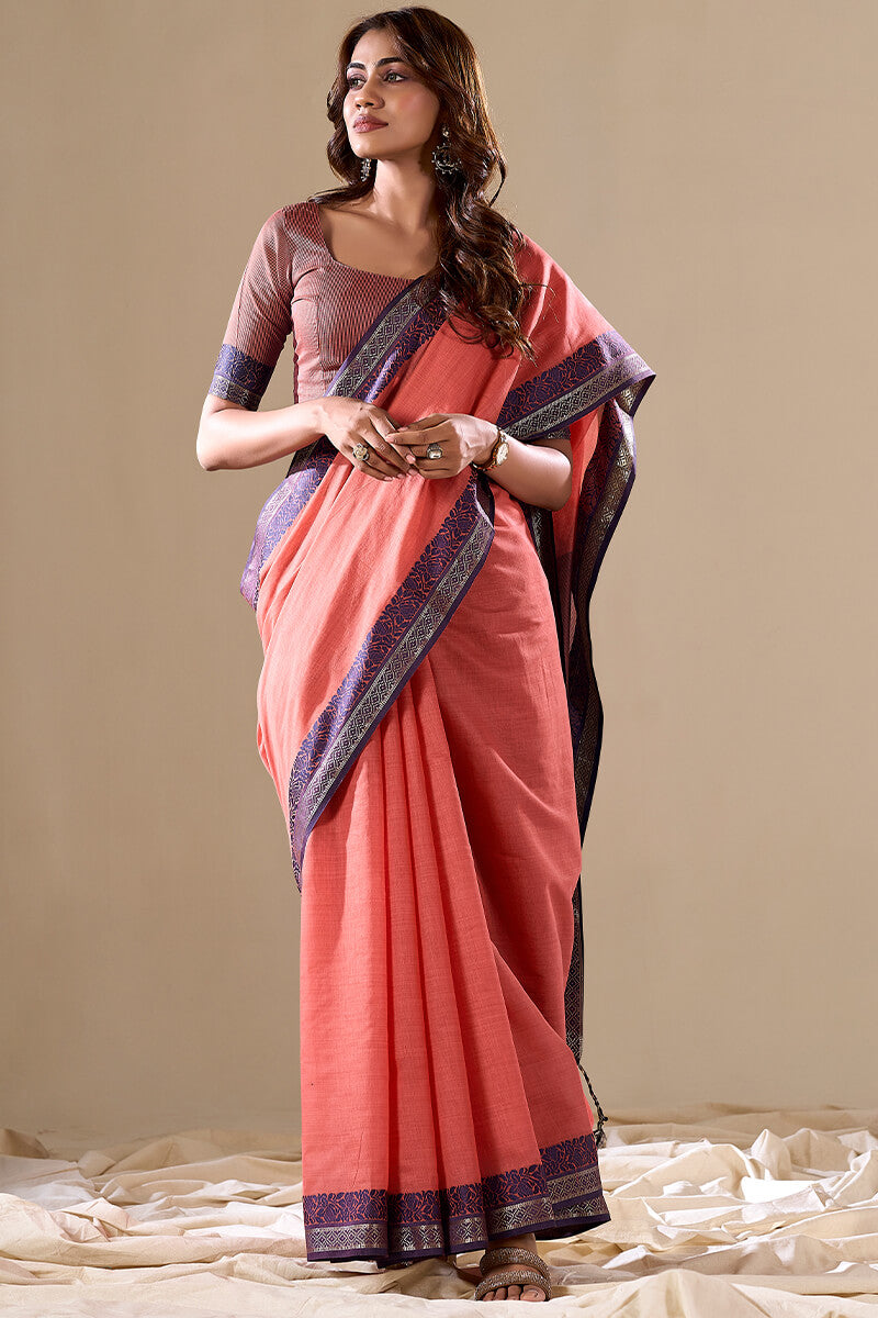 Classy Peach Cotton Silk Saree With Pretty Blouse Piece