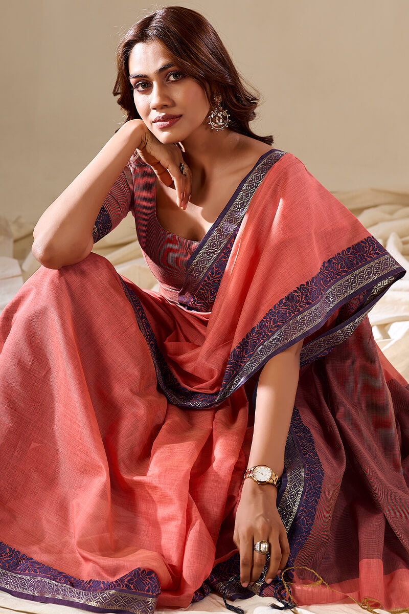 Classy Peach Cotton Silk Saree With Pretty Blouse Piece