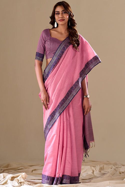 Load image into Gallery viewer, Sophisticated Baby Pink Cotton Silk Saree With Gleaming Blouse Piece
