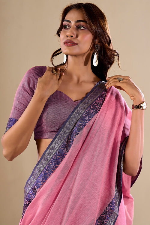 Load image into Gallery viewer, Sophisticated Baby Pink Cotton Silk Saree With Gleaming Blouse Piece
