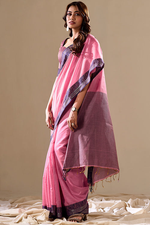 Load image into Gallery viewer, Sophisticated Baby Pink Cotton Silk Saree With Gleaming Blouse Piece
