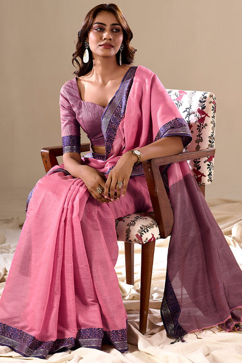 Load image into Gallery viewer, Sophisticated Baby Pink Cotton Silk Saree With Gleaming Blouse Piece
