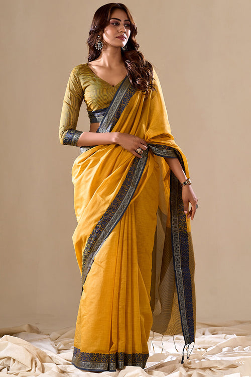 Load image into Gallery viewer, Energetic Yellow Cotton Silk Saree With Attractive Blouse Piece
