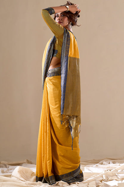 Energetic Yellow Cotton Silk Saree With Attractive Blouse Piece